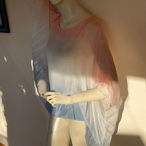 Vintage sheer Blouse Peach Fuzz Blue silk two piece layered Ombré Top size Small - Picture 14 of 16